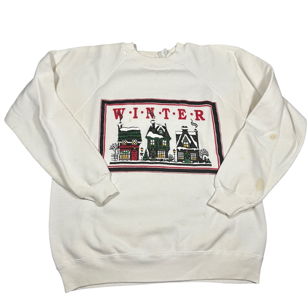Vintage Winter Village Graphic Sweatshirt White Raglan Crewneck Mens Large XL